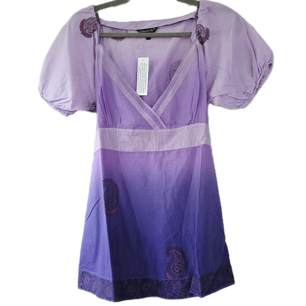 Chaudry Babydoll Milkmaid Top NWT y2K Women's M Cotton Tie Bow Ombre Purple Boho